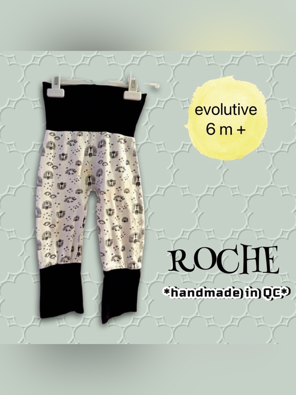 🇨🇦👍GUC ROCHE |6 mo +| Baby Evolutive Pants Unisex Hedgehog White Black